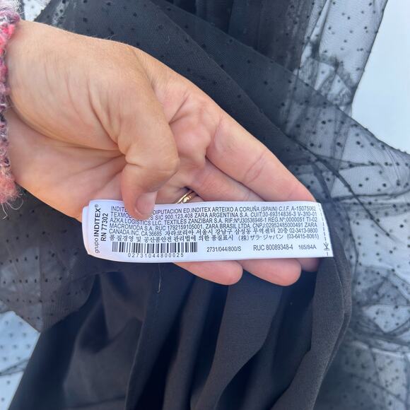 Zara Tulle Tiered Swiss Dot Gown Maxi Holiday Dress Black Belted Witchy Small - Picture 10 of 11